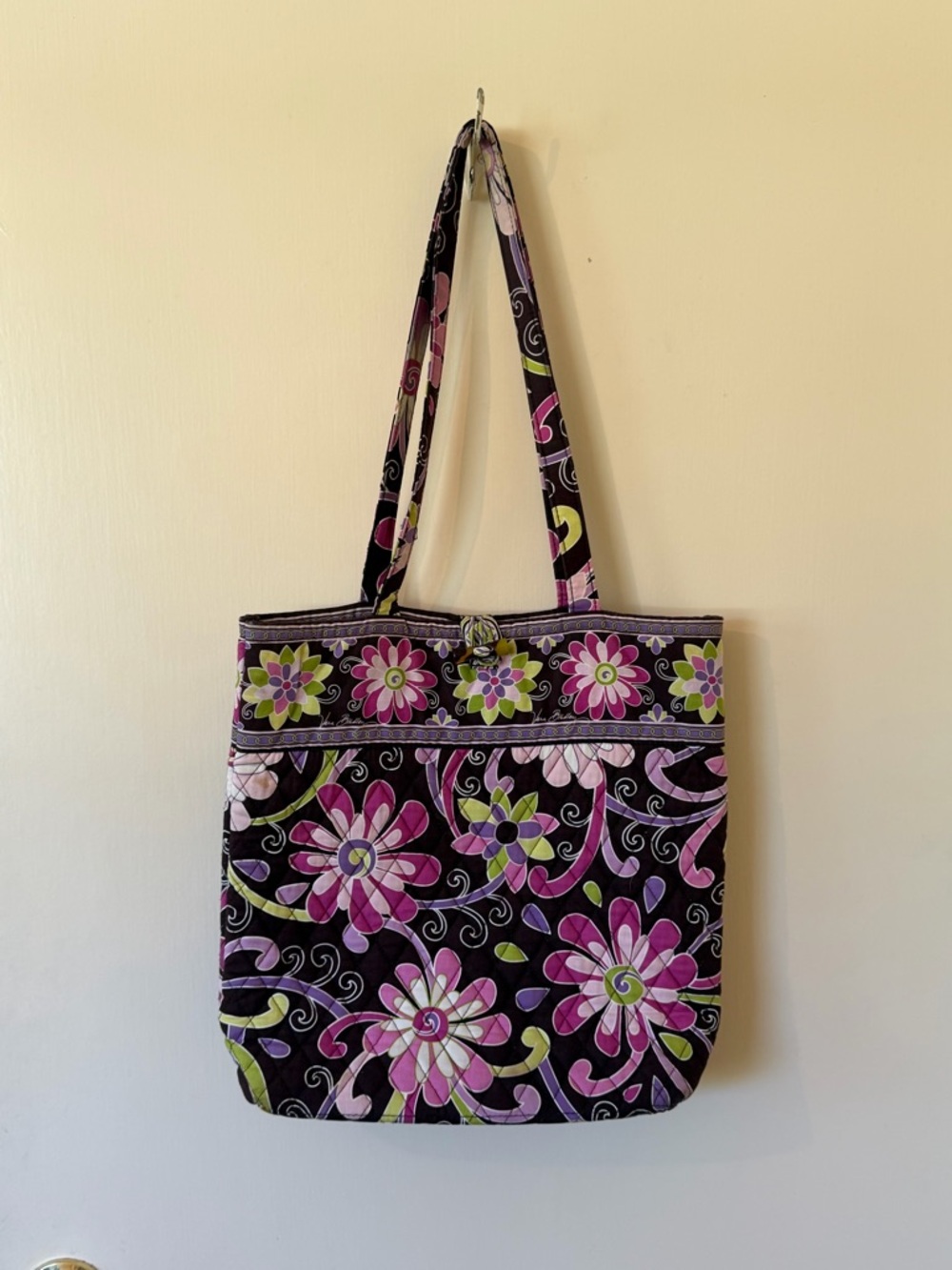 Vera Bradley Floral Tote Bag Pink Purple Green Quilted Cotton Purse